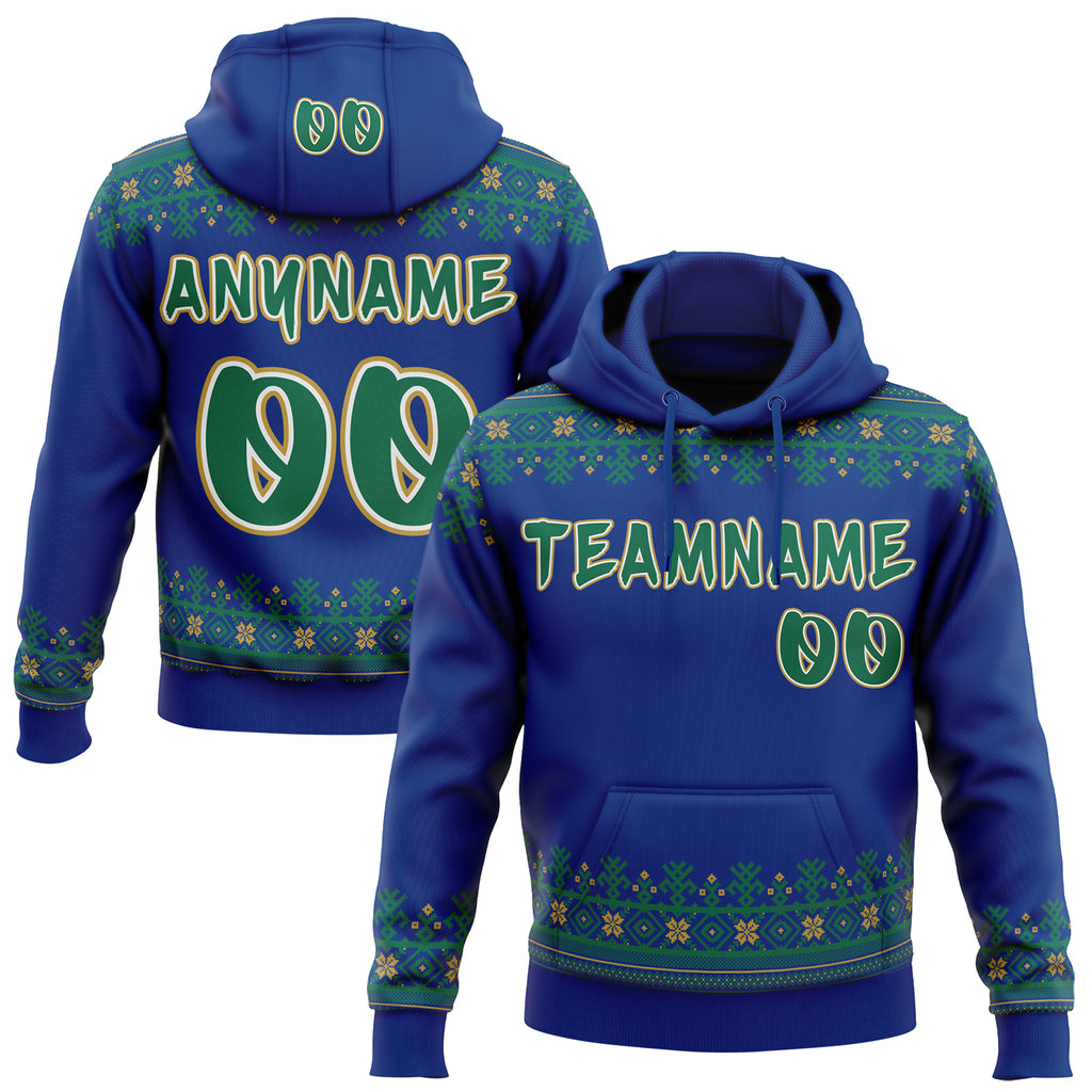 Custom Royal Kelly Green Old Gold-White Christmas Tree Fair Isle Snowflakes Pullover Sweatshirt Hoodie