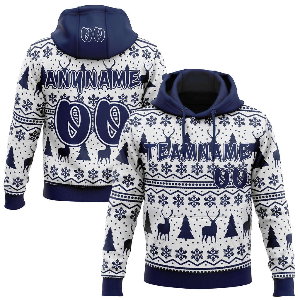 Custom White-Navy Ugly Christmas Sweater Pullover Sweatshirt Hoodie