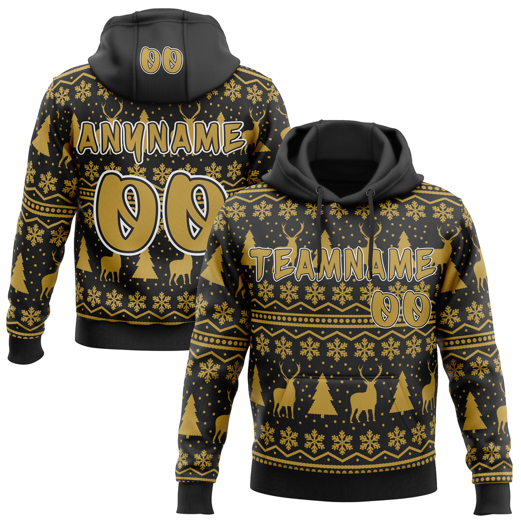 Custom Black Old Gold-White Ugly Christmas Sweater Pullover Sweatshirt Hoodie