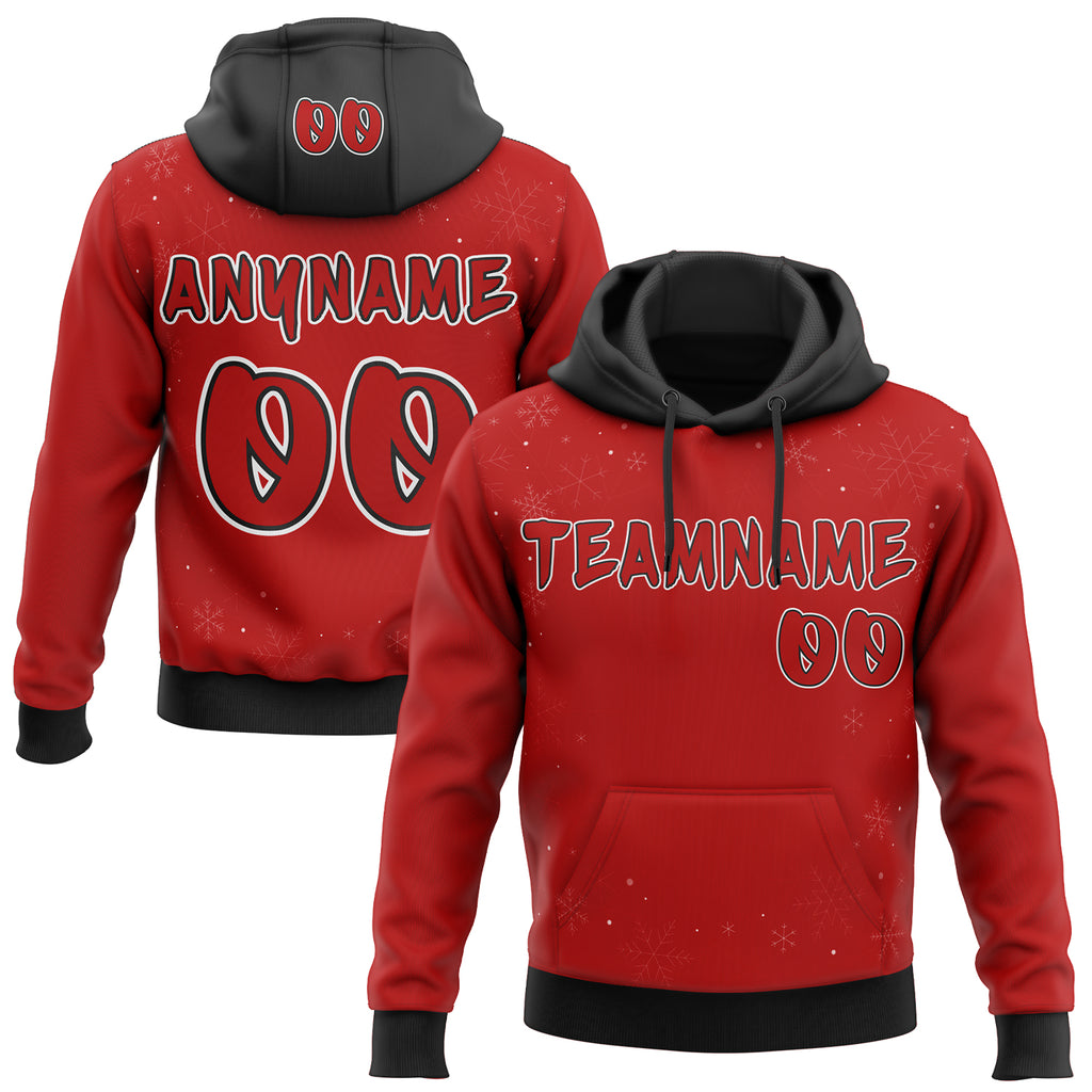 Custom Red Black-White Christmas Snowflakes Pullover Sweatshirt Hoodie