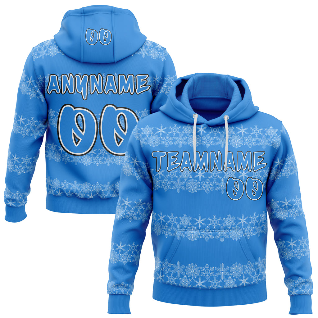 Custom Powder Blue White-Black Christmas Snowflakes Pullover Sweatshirt Hoodie