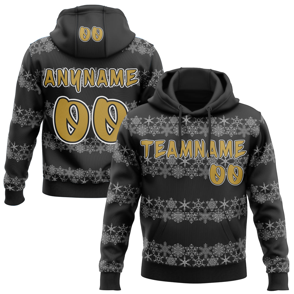 Custom Black Old Gold-White Christmas Snowflakes Pullover Sweatshirt Hoodie