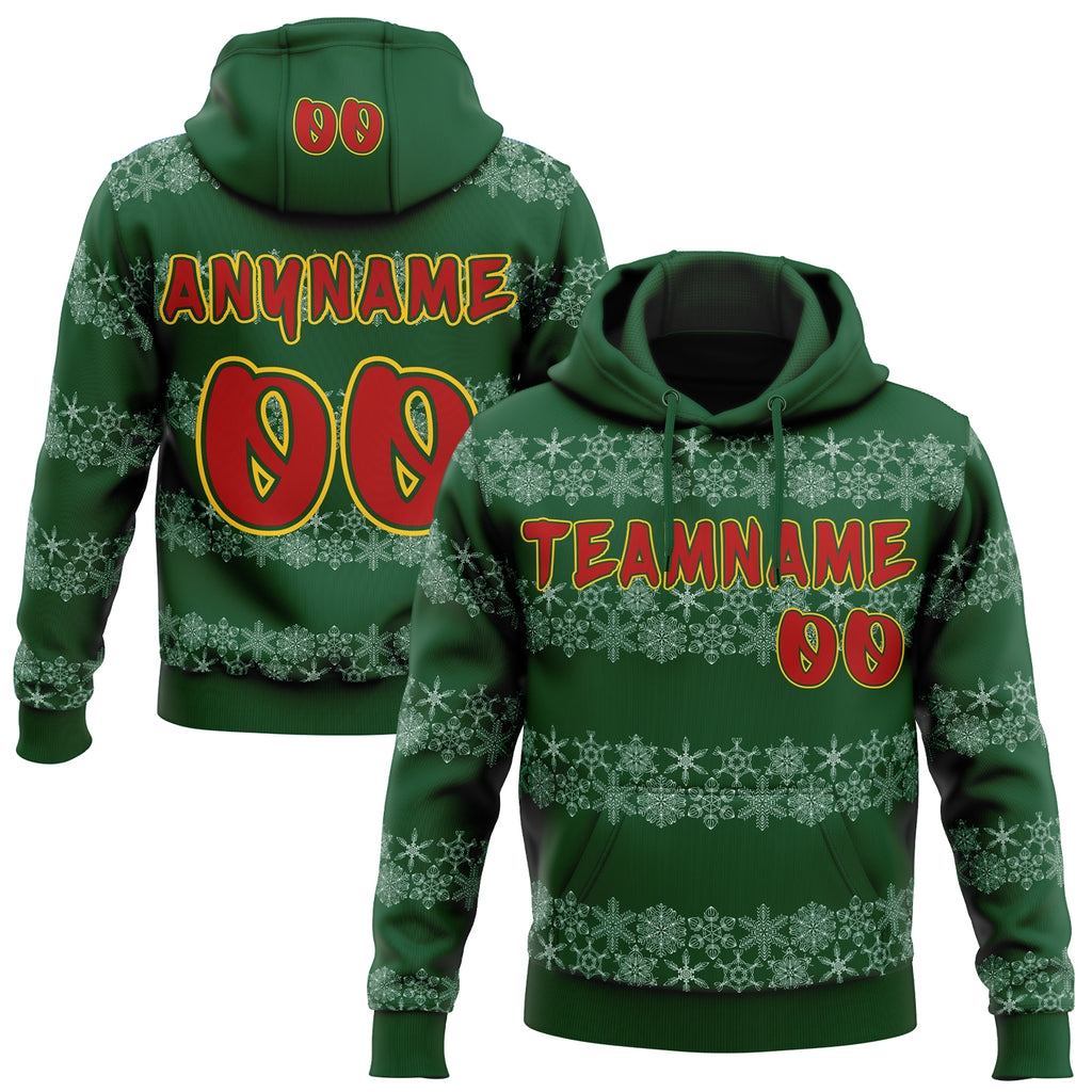 Custom Green Red White-Gold Christmas Snowflakes Pullover Sweatshirt Hoodie