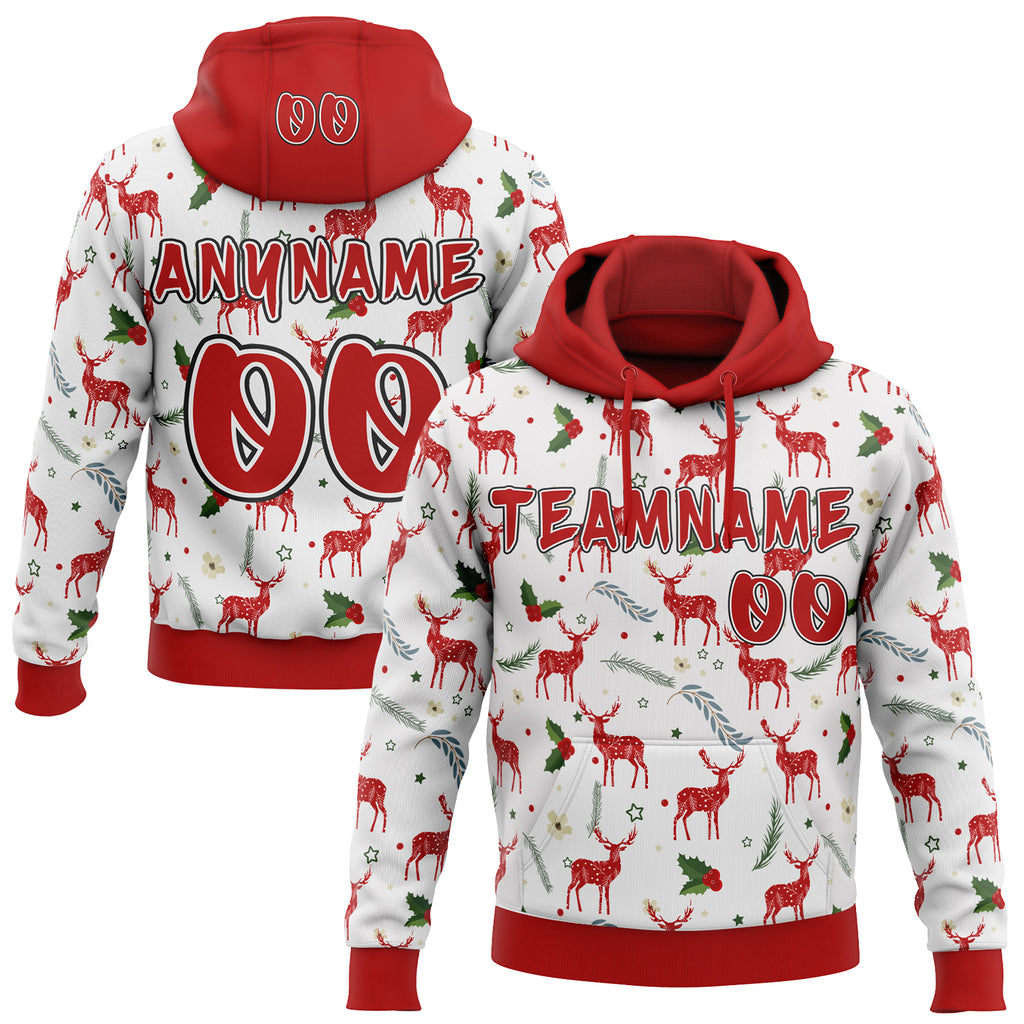 Custom White Red-Black Ugly Christmas Sweater Reindeer Pullover Sweatshirt Hoodie