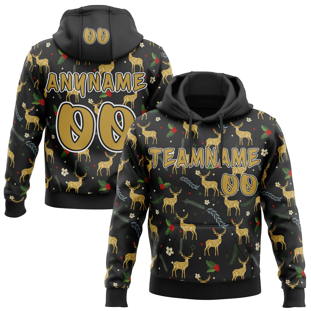 Custom Black Old Gold-White Ugly Christmas Sweater Reindeer Pullover Sweatshirt Hoodie