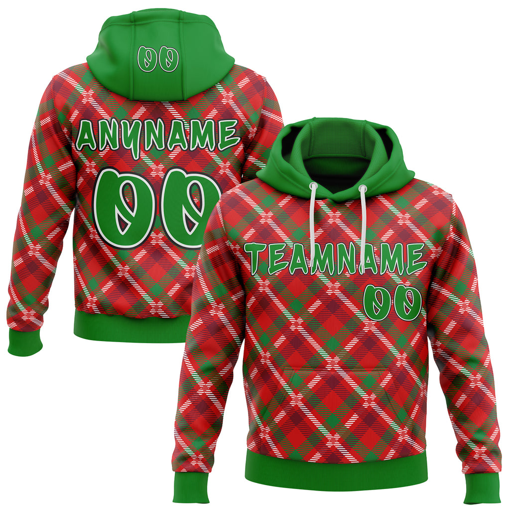 Custom Red Grass Green White-Black Christmas Plaid Checkered Pattern Pullover Sweatshirt Hoodie