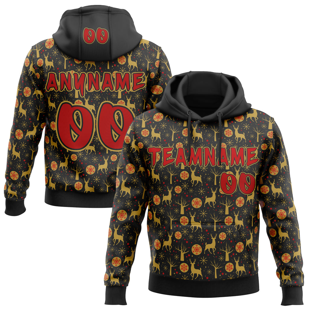Custom Black Red-Old Gold Ugly Christmas Sweater Reindeer Pullover Sweatshirt Hoodie