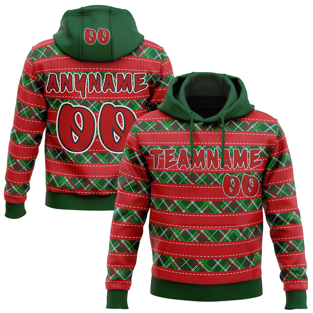 Custom Red Green Black-White Christmas Plaid Checkered Pattern Pullover Sweatshirt Hoodie