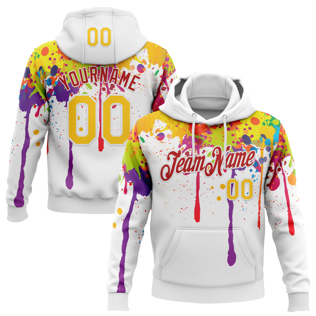 Custom Stitched White Yellow-Red Colorful Dripping Paint Splash Pullover Sweatshirt Hoodie