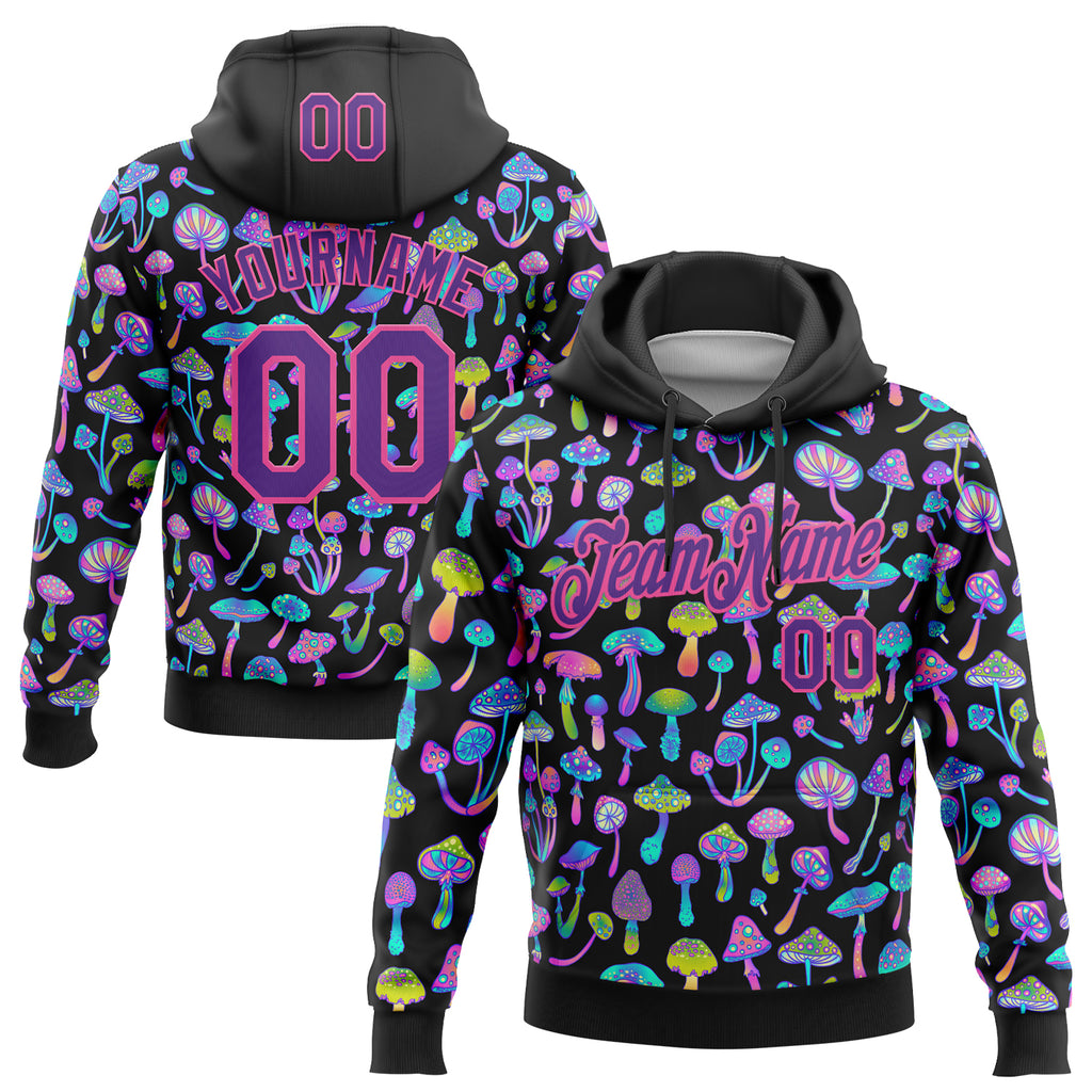 Custom Stitched Black Purple-Pink Magic Mushrooms Psychedelic Hallucination 3D Pattern Pullover Sweatshirt Hoodie