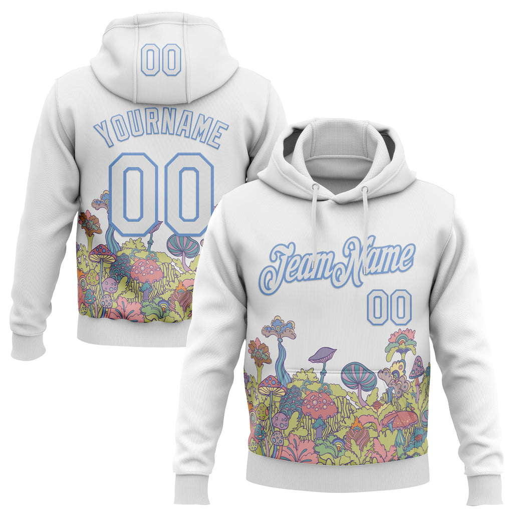 Custom Stitched White-Light Blue Magic Mushrooms Psychedelic Hallucination 3D Pattern Pullover Sweatshirt Hoodie