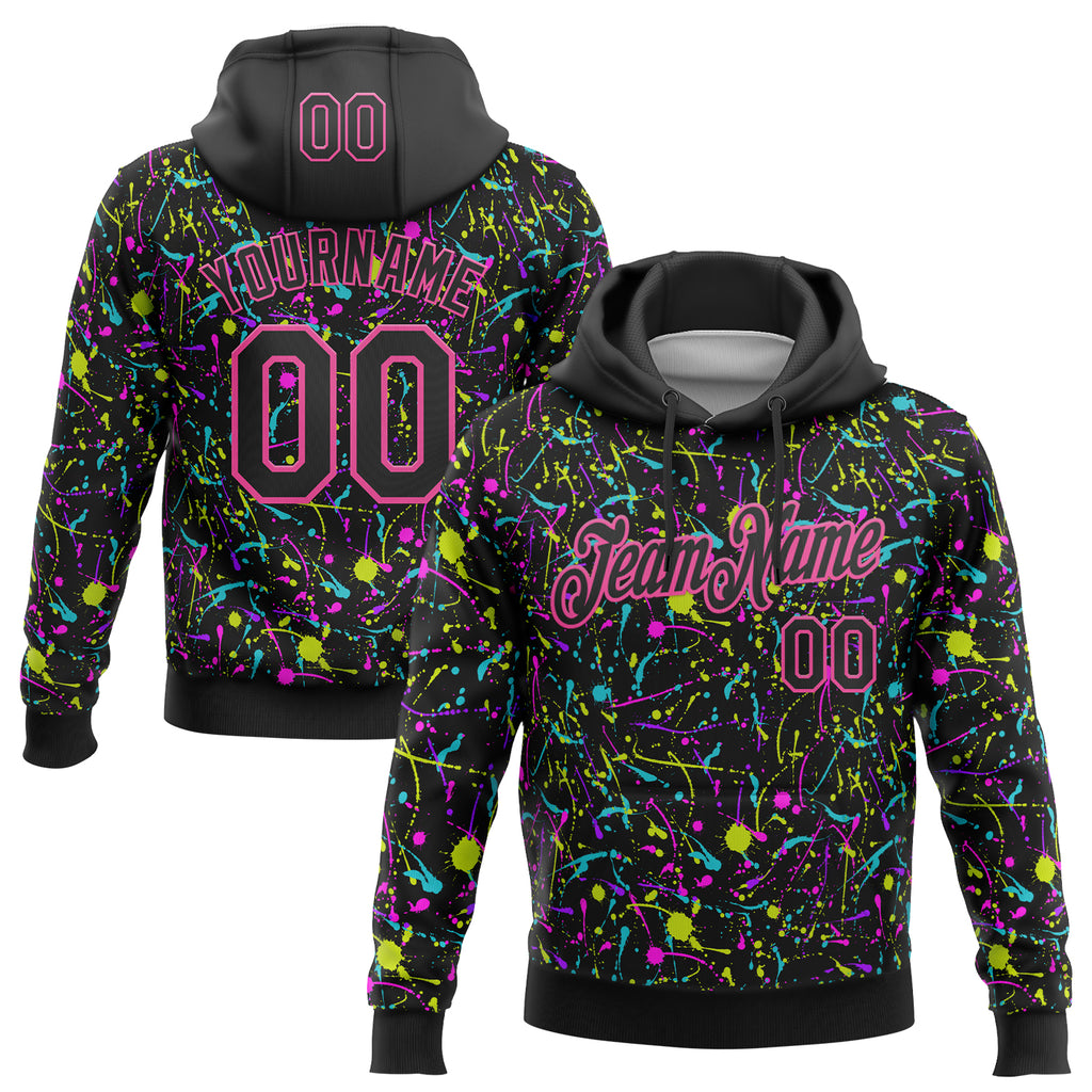 Custom Stitched Graffiti Pattern Black-Pink Neon Splatter Pullover Sweatshirt Hoodie