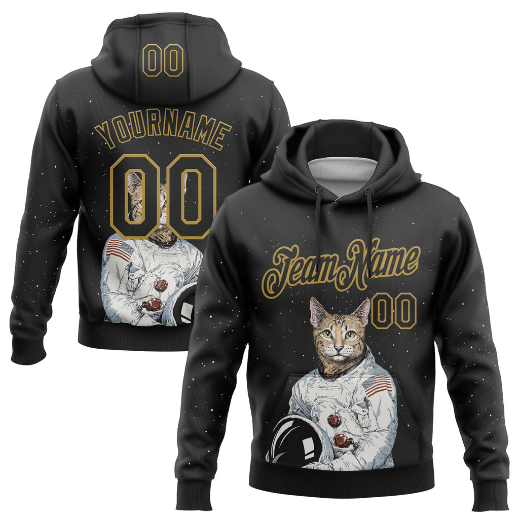 Custom Stitched Black-Old Gold Cat Astronaut Space Galaxy 3D Pattern Pullover Sweatshirt Hoodie