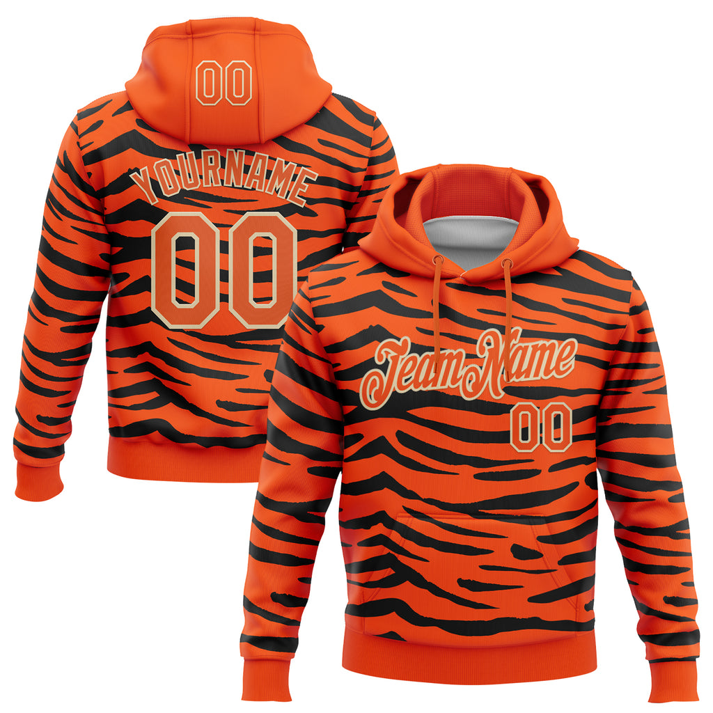 Custom Stitched Orange Black-Cream Tiger Print 3D Pattern Pullover Sweatshirt Hoodie