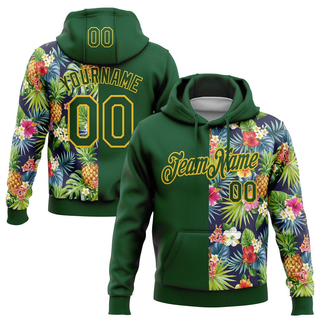 Custom Stitched Green-Yellow Tropical Pineapple Hawaiian Floral Pullover Sweatshirt Hoodie