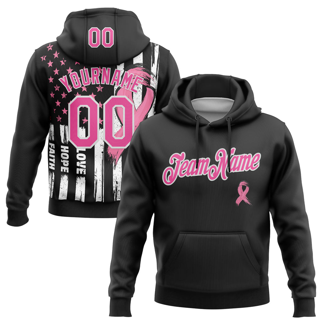 Custom Stitched Black Pink-White American Flag Pink Ribbon Breast Cancer Awareness Pullover Sweatshirt Hoodie