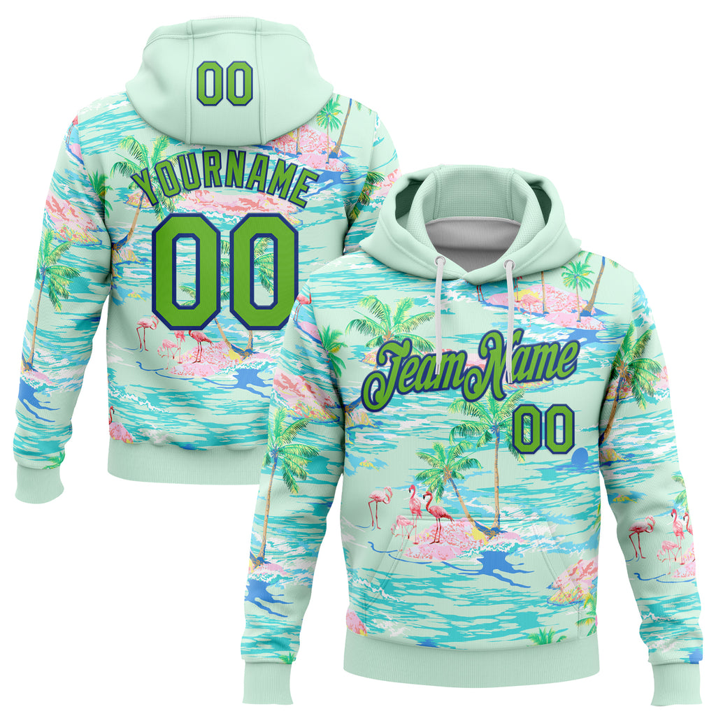 Custom Stitched Ice Blue Aurora Green-Royal Beach Hawaii Palm Trees And Flamingo Pullover Sweatshirt Hoodie