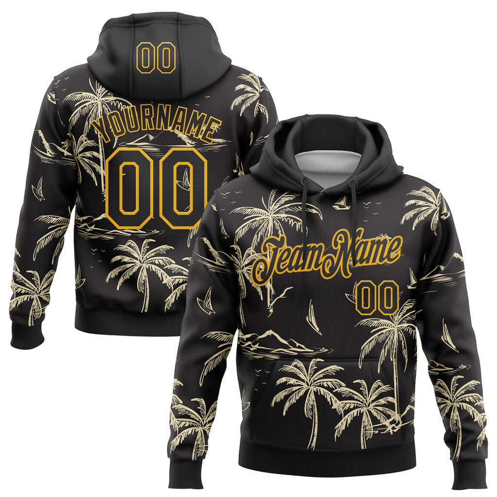 Custom Stitched Black-Gold Hawaii Palm Trees Island And Sailboat Pullover Sweatshirt Hoodie