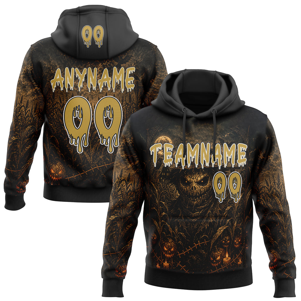 Custom Black Old Gold-White Halloween Scary Scarecrow Pullover Sweatshirt Hoodie