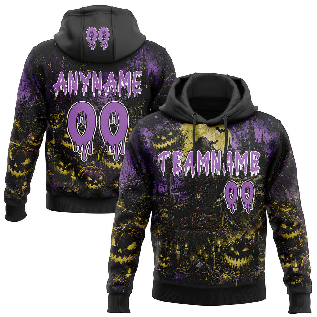 Custom Black Medium Purple-White Spooky Halloween Pumpkin Patch Pullover Sweatshirt Hoodie