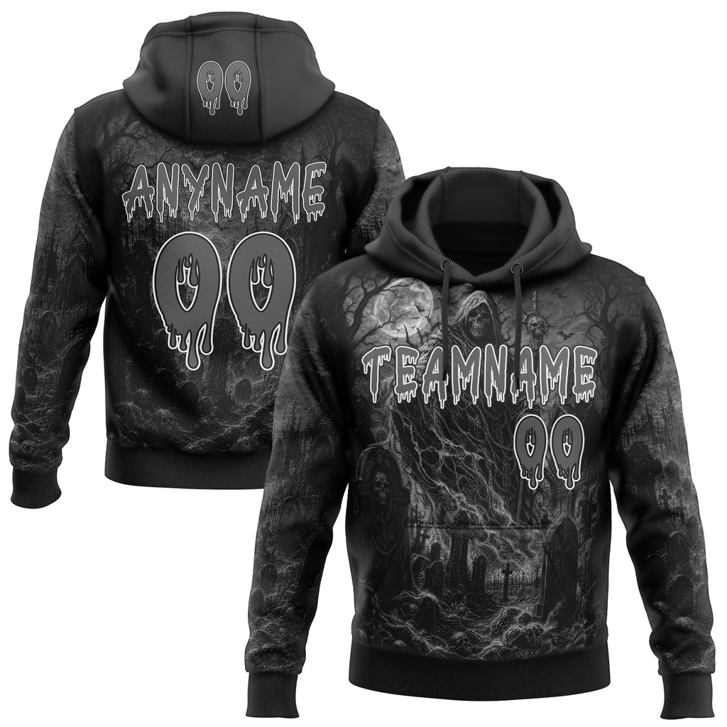 Custom Black Steel Gray-White Halloween Grim Reaper Pullover Sweatshirt Hoodie