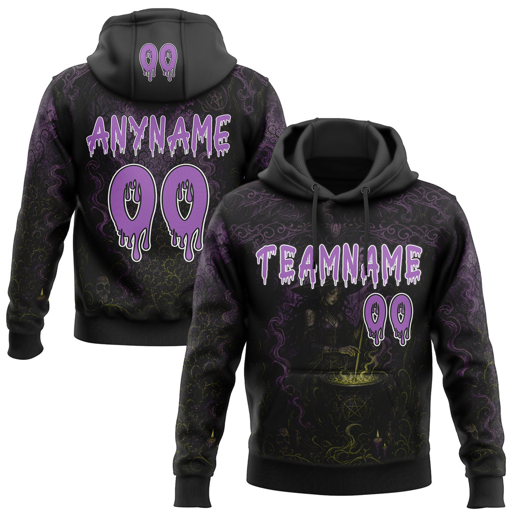 Custom Black Medium Purple-White Spooky Halloween Witch Cauldron Pullover Sweatshirt Hoodie