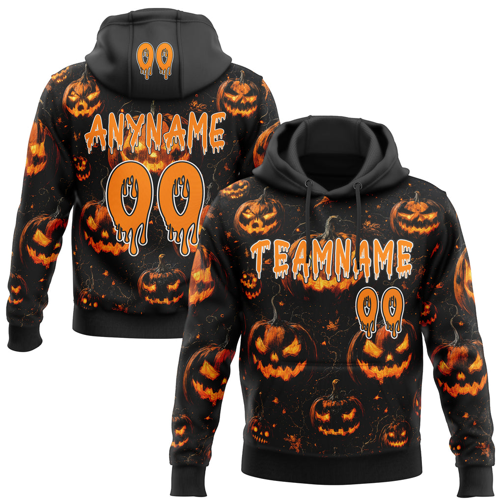 Custom Black Bay Orange-White Spooky Halloween Pumpkins Pullover Sweatshirt Hoodie