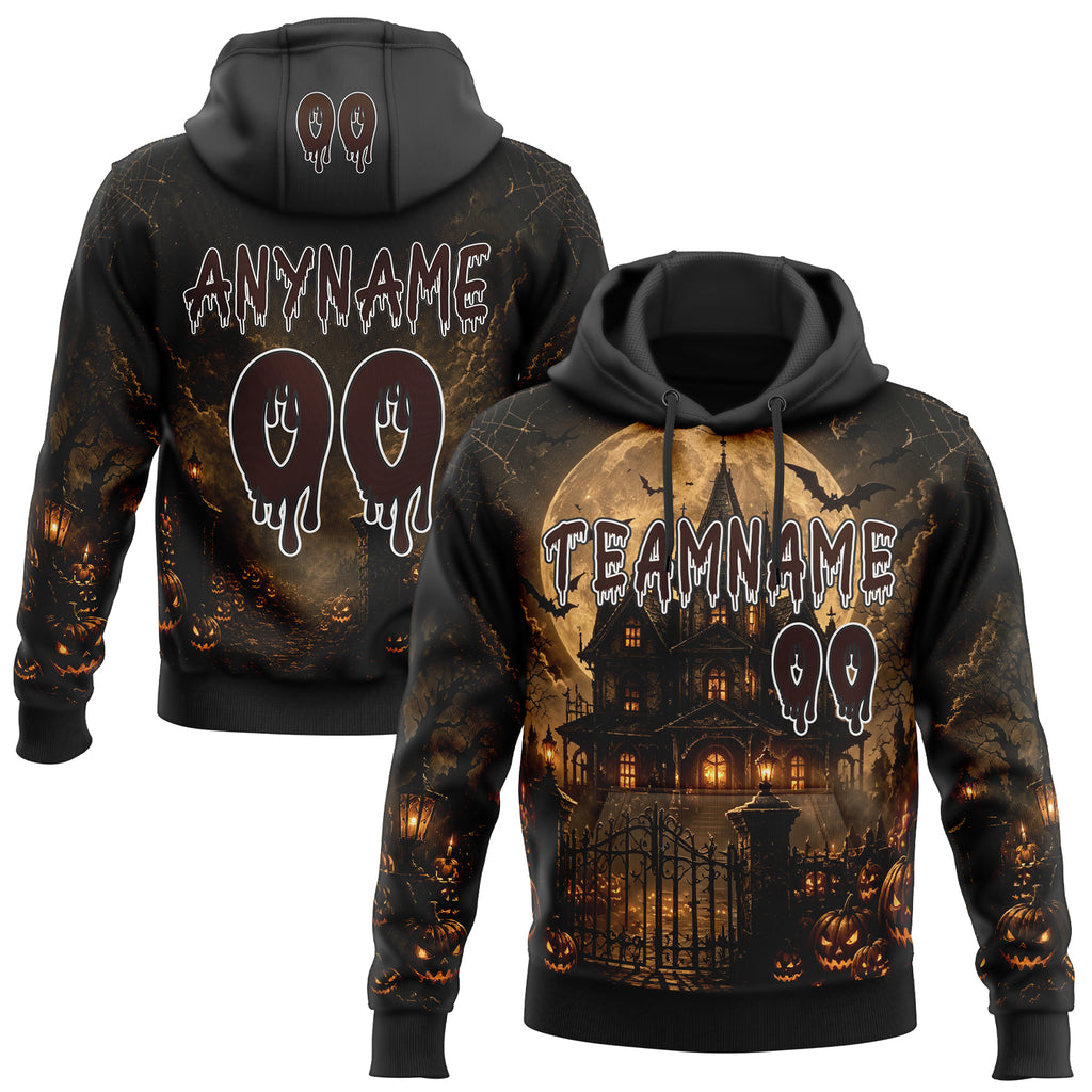Custom Black Brown-White Spooky Halloween Haunted House Bats Pullover Sweatshirt Hoodie