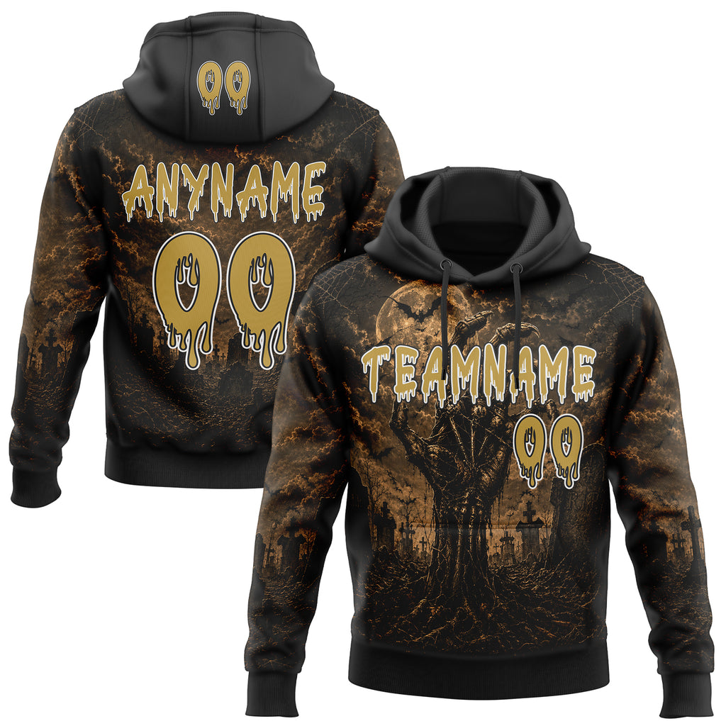 Custom Black Old Gold-White Spooky Halloween Zombie Hand Pullover Sweatshirt Hoodie