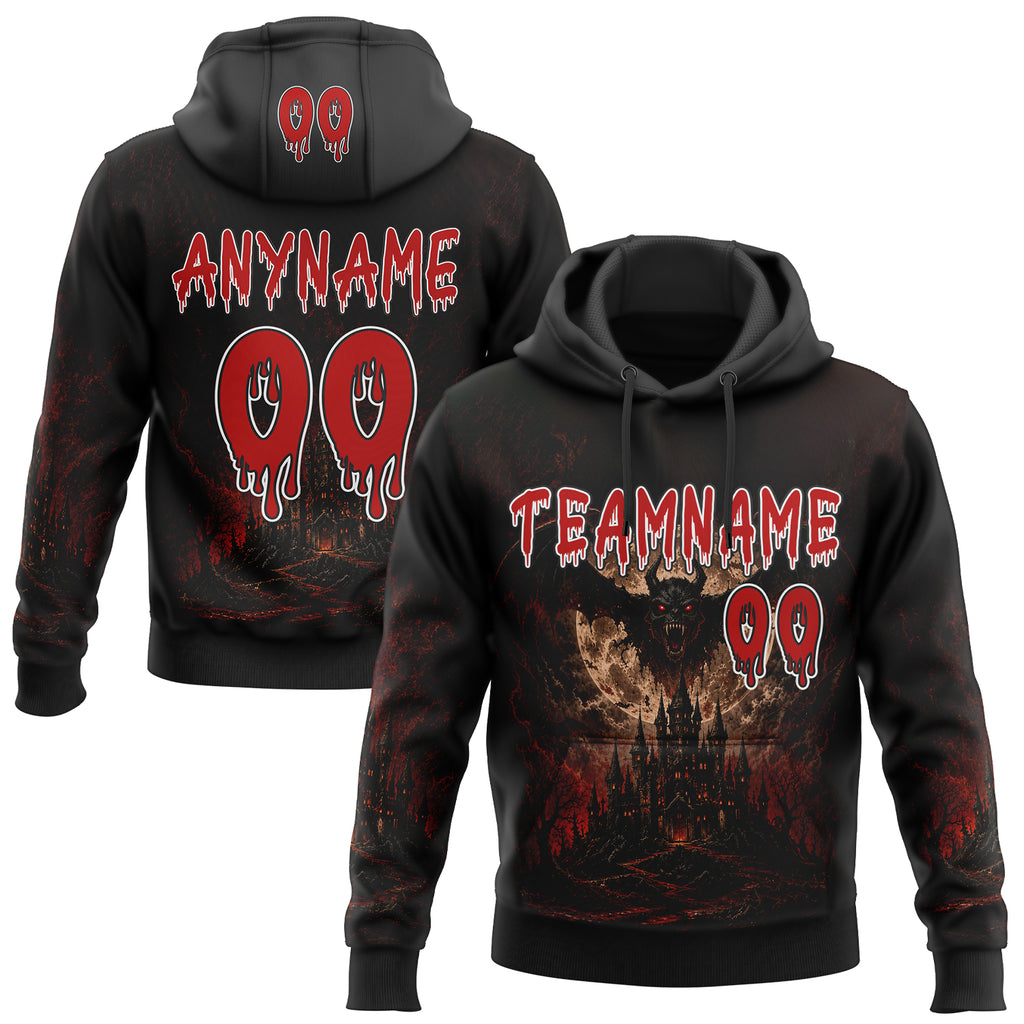 Custom Black Red-White Halloween Gothic Demon Castle Pullover Sweatshirt Hoodie