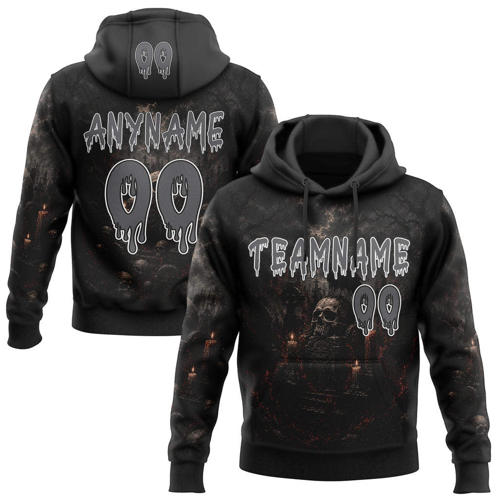 Custom Black Steel Gray-White Spooky Halloween Skulls Pullover Sweatshirt Hoodie