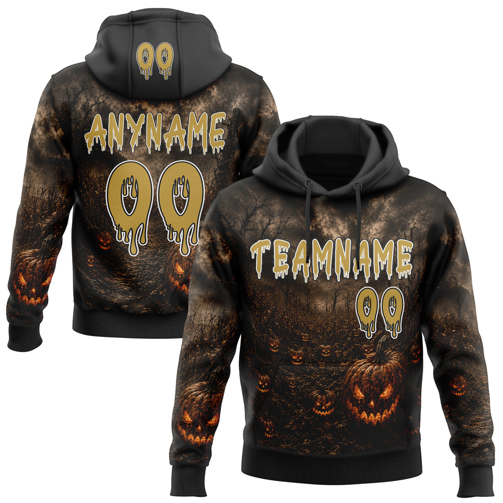 Custom Black Old Gold-White Spooky Halloween Evil Pumpkins Pullover Sweatshirt Hoodie