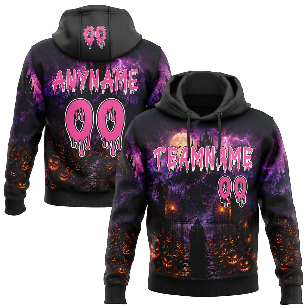 Custom Black Pink Purple-White Halloween Gothic Castle Grim Reaper Pullover Sweatshirt Hoodie