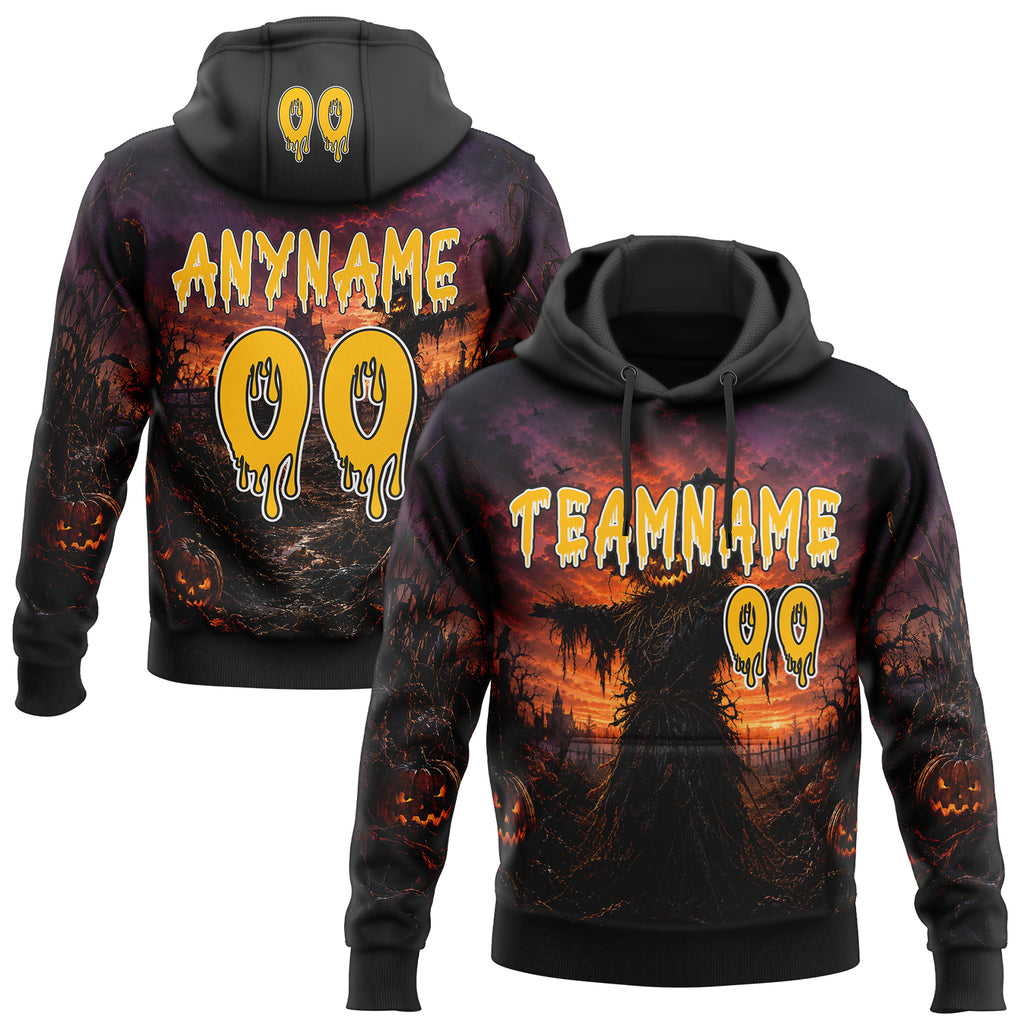 Custom Black Gold Orange-White Halloween Scary Scarecrow Pullover Sweatshirt Hoodie