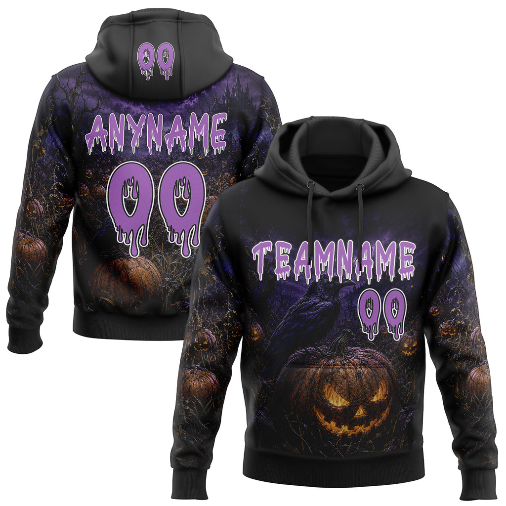Custom Black Medium Purple-White Halloween Gothic Raven And Evil Pumpkin Pullover Sweatshirt Hoodie