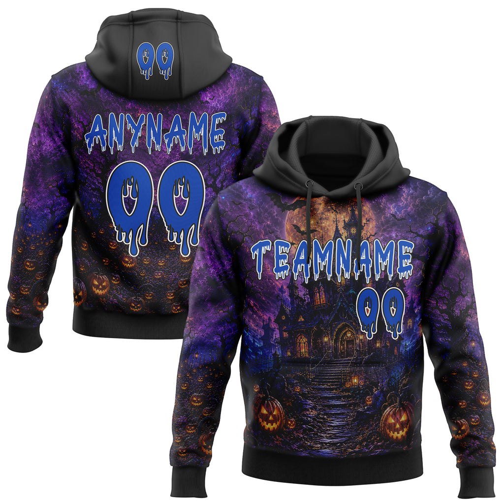 Custom Black Thunder Blue Purple-White Spooky Halloween Haunted House Bats Pullover Sweatshirt Hoodie