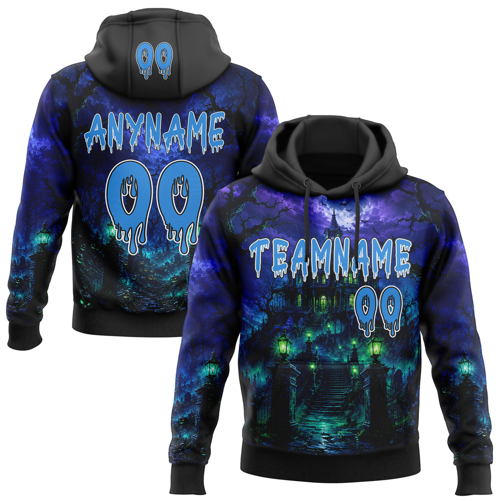 Custom Black Powder Blue-White Spooky Halloween Haunted House Pullover Sweatshirt Hoodie
