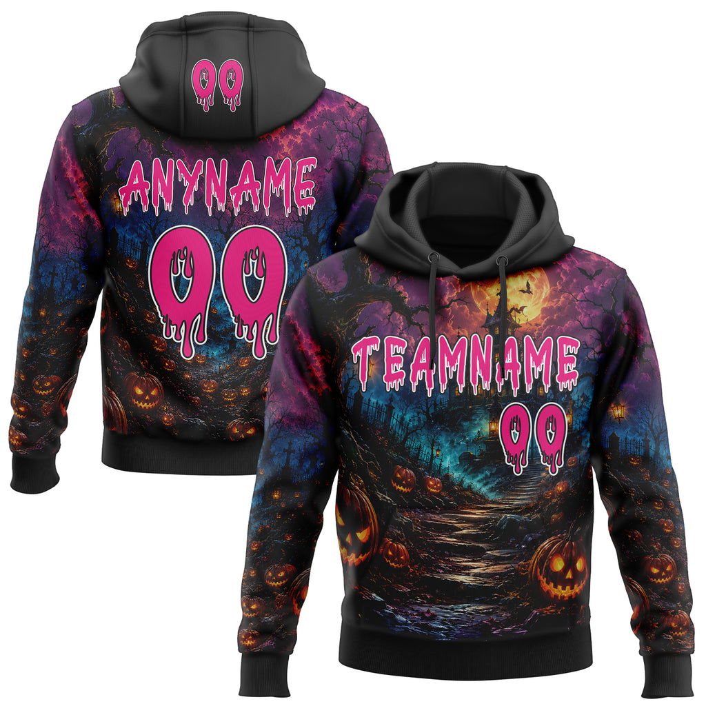 Custom Black Hot Pink-White Spooky Halloween Haunted House Bats Pullover Sweatshirt Hoodie