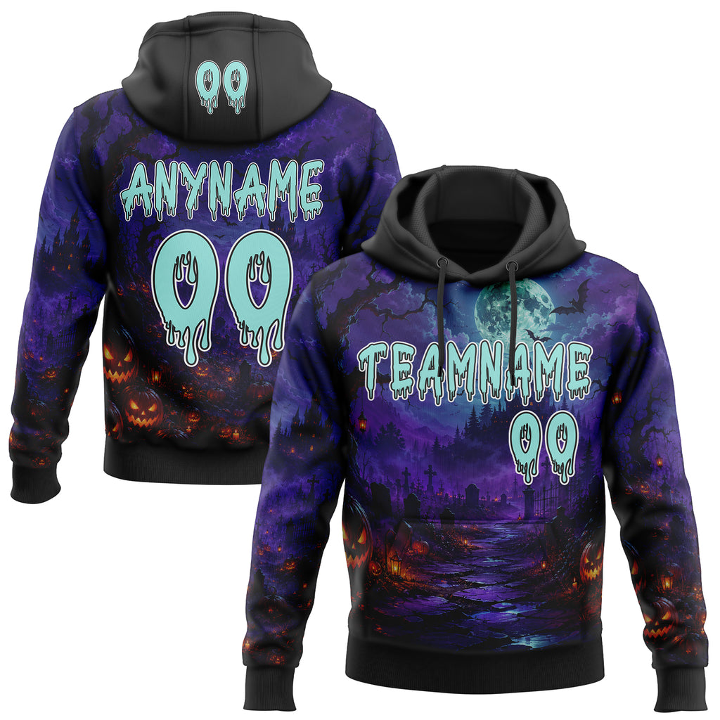 Custom Black Ice Blue Purple-White Halloween Gothic Cemetery Pullover Sweatshirt Hoodie