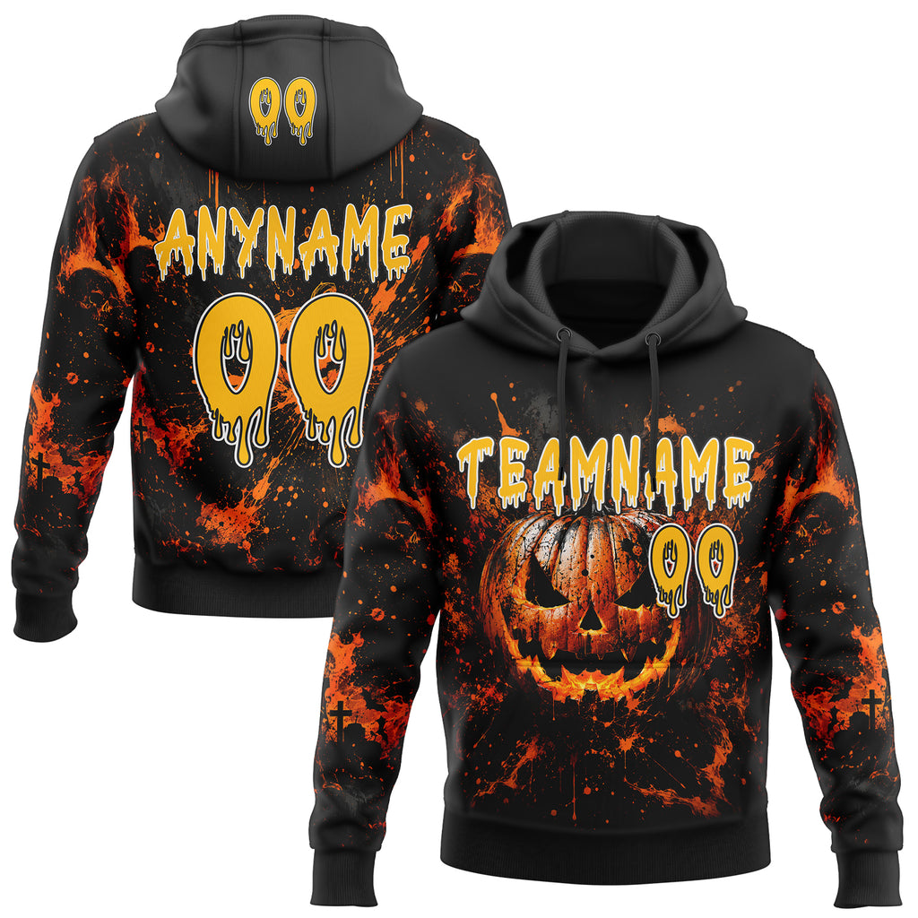 Custom Black Gold Orange-White Halloween Flaming Pumpkin Splatter Pullover Sweatshirt Hoodie