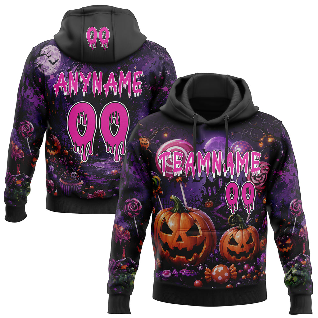 Custom Black Deep Pink Purple-White Spooky Halloween Evil Pumpkin & Candy Pullover Sweatshirt Hoodie