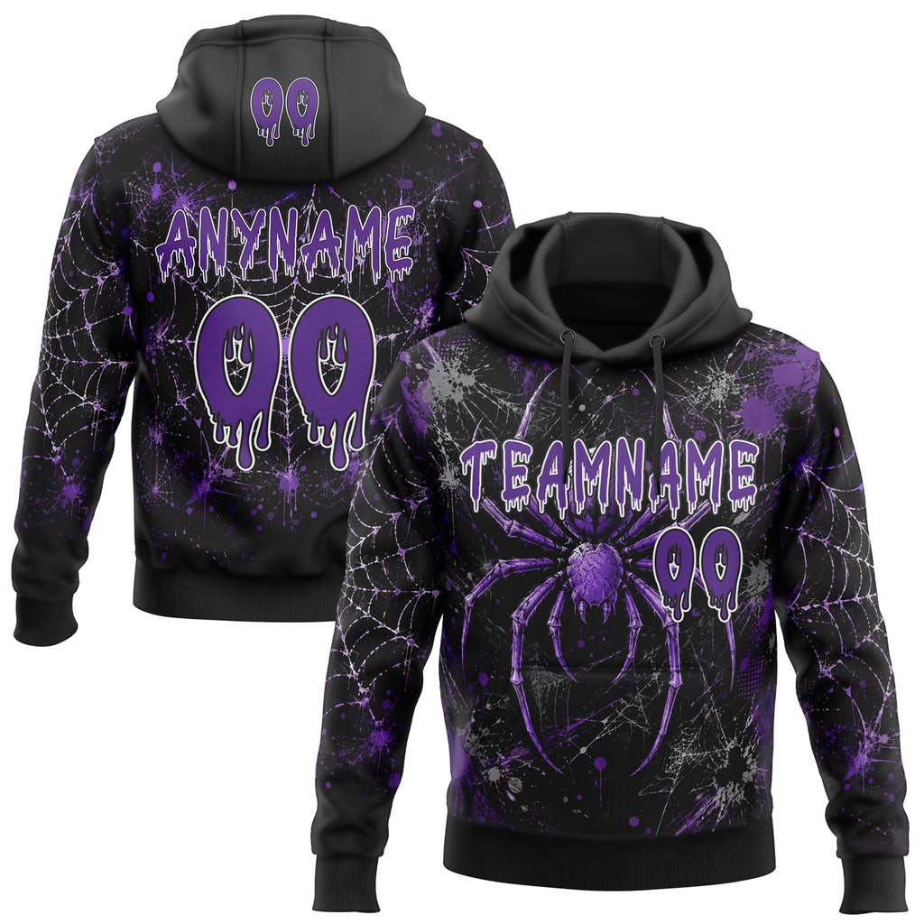 Custom Black Purple-White Halloween Gothic Spiderweb Splatter Pullover Sweatshirt Hoodie
