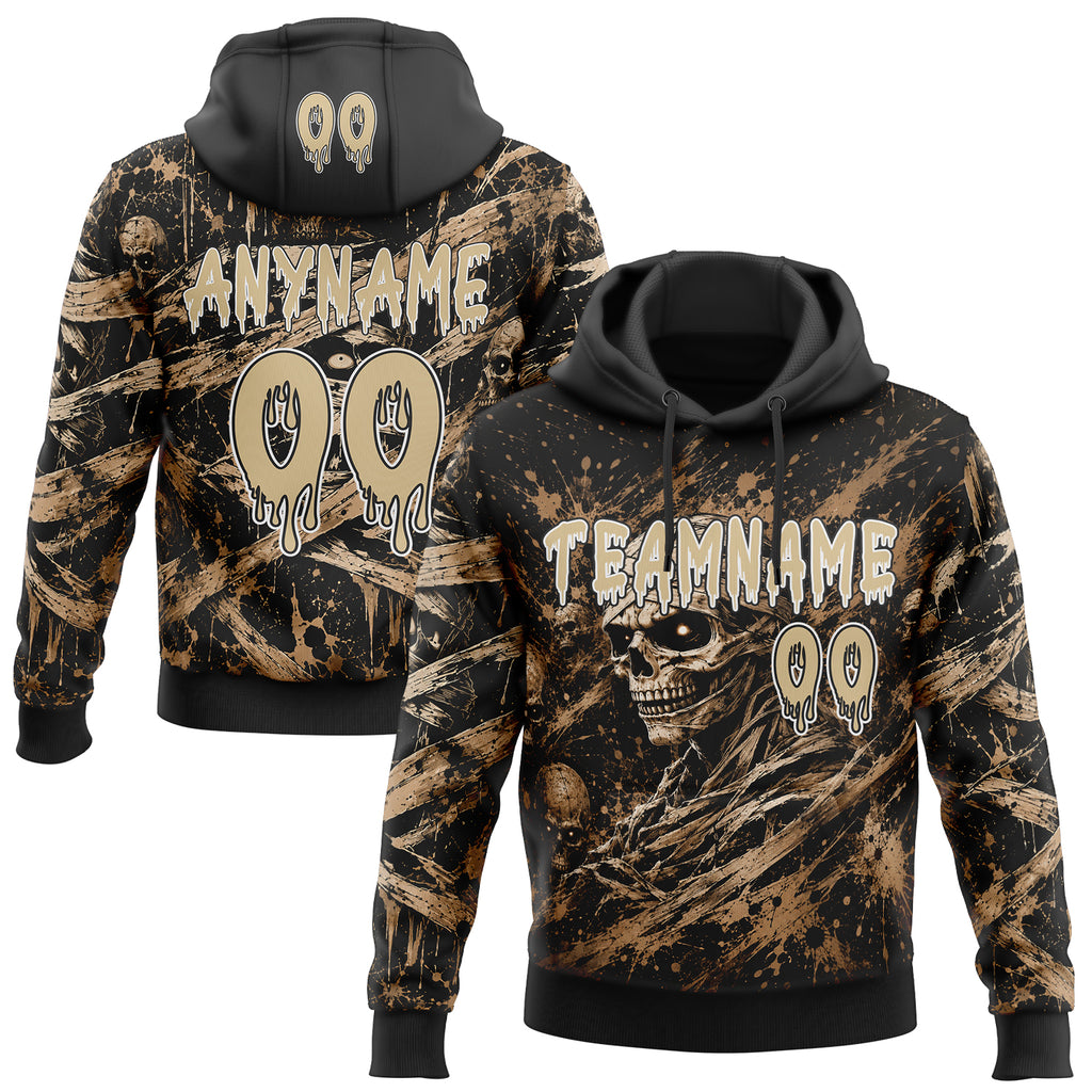Custom Black Vegas Gold-White Spooky Halloween Mummy Skull Pullover Sweatshirt Hoodie