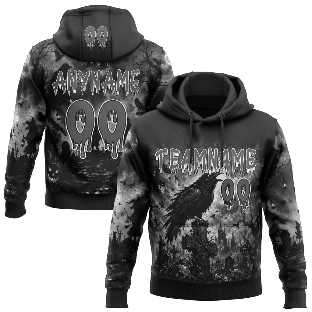 Custom Black Steel Gray-White Halloween Gothic Raven Cemetery Pullover Sweatshirt Hoodie