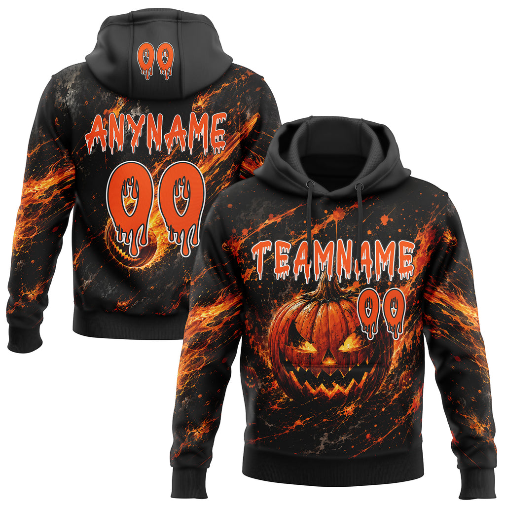 Custom Black Orange-White Halloween Flaming Pumpkin Splatter Pullover Sweatshirt Hoodie