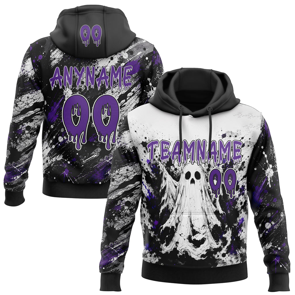 Custom Black Purple-White Spooky Halloween Ghost Splatter Pullover Sweatshirt Hoodie