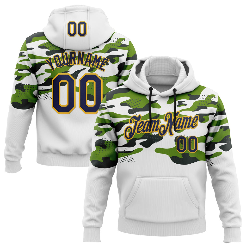 Custom Stitched White Navy Green Gold-Black Sportswear Abstract Camo Pullover Sweatshirt Hoodie
