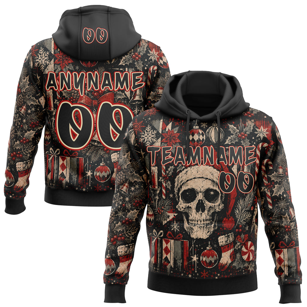 Custom  Black Cream-Red Christmas Gothic Santa Hat Skull Pullover Sweatshirt Hoodie