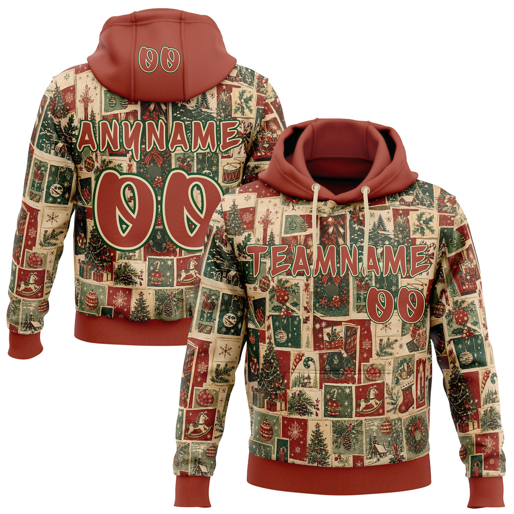 Custom  Cream Red-Green Christmas Vintage Postcard Collage Pullover Sweatshirt Hoodie