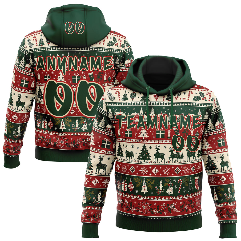 Custom  Green Cream-Red Ugly Christmas Sweater Fair Isle Reindeer Snowflake Pullover Sweatshirt Hoodie